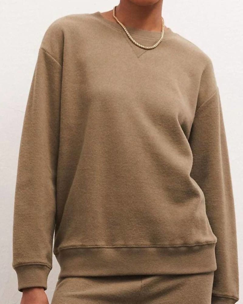 Front of a model wearing a size X-Large Marina Brushed Rib Sweatshirt in Kelp in Kelp by Z Supply. | dia_product_style_image_id:334331